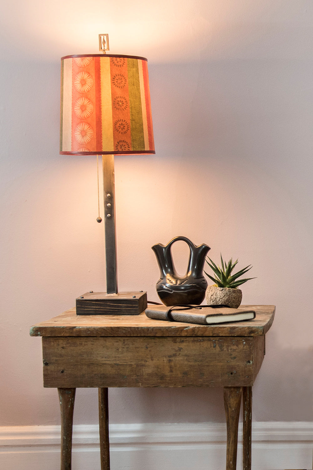 Janna Ugone & Co Table Lamps Steel Table Lamp on Wood with Medium Drum Shade in Serape