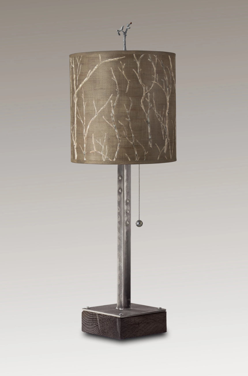 Steel Table Lamp on Wood with Medium Drum Shade in Twigs