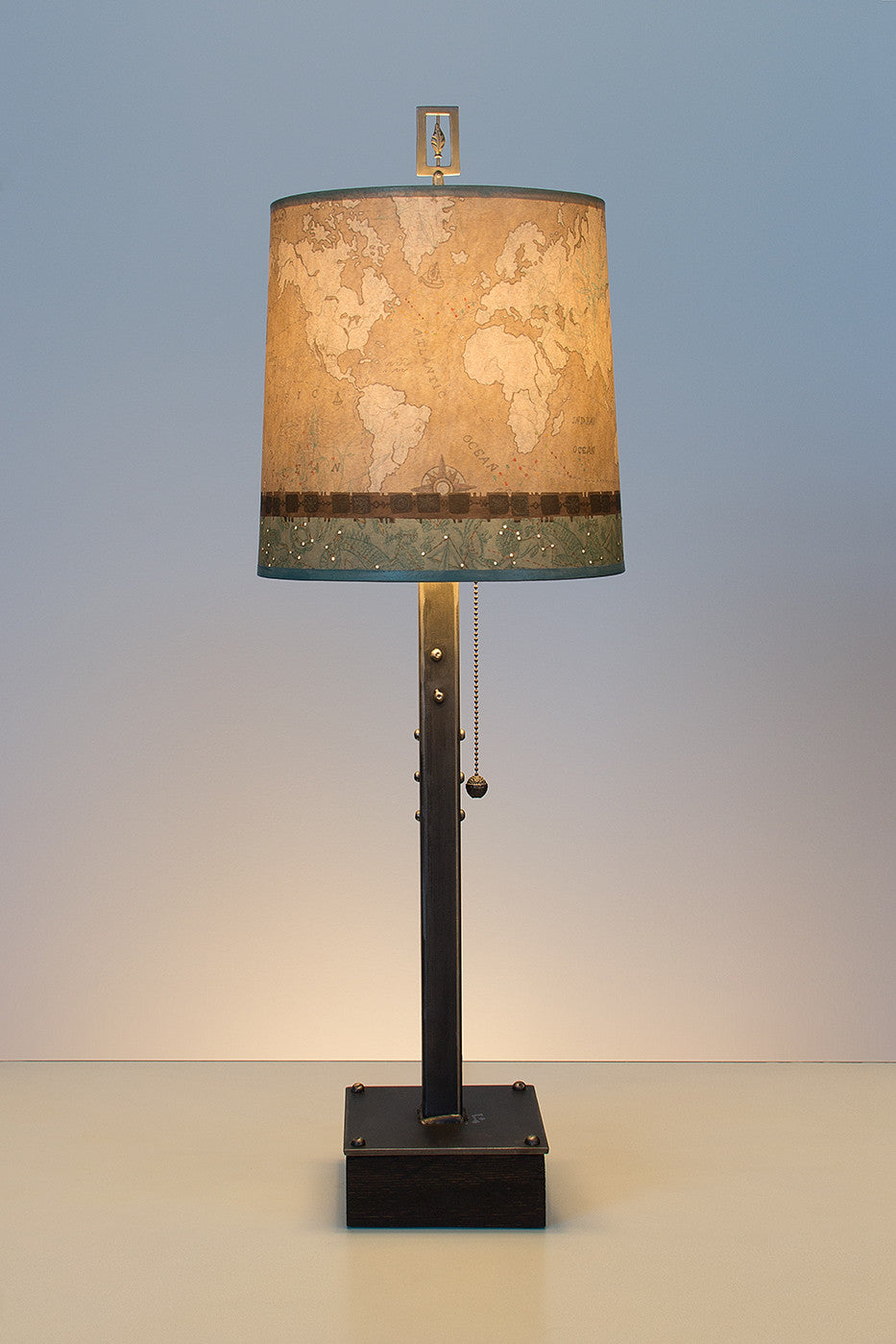 Steel Table Lamp on Wood with Medium Drum Shade in Voyages