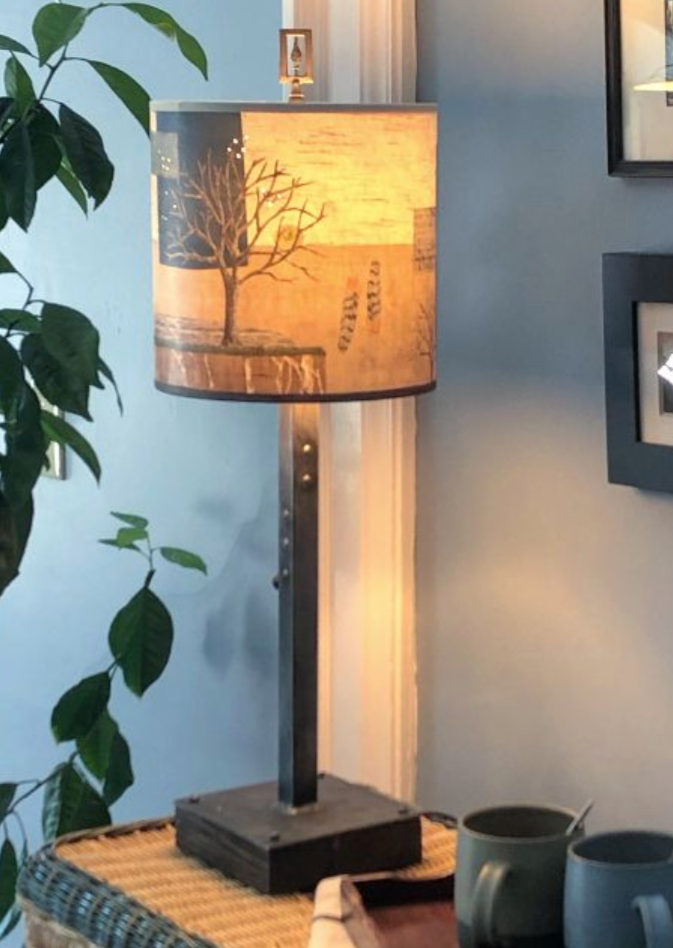 Janna Ugone &amp; Co Table Lamps Steel Table Lamp on Wood with Medium Drum Shade in Wander in Drift