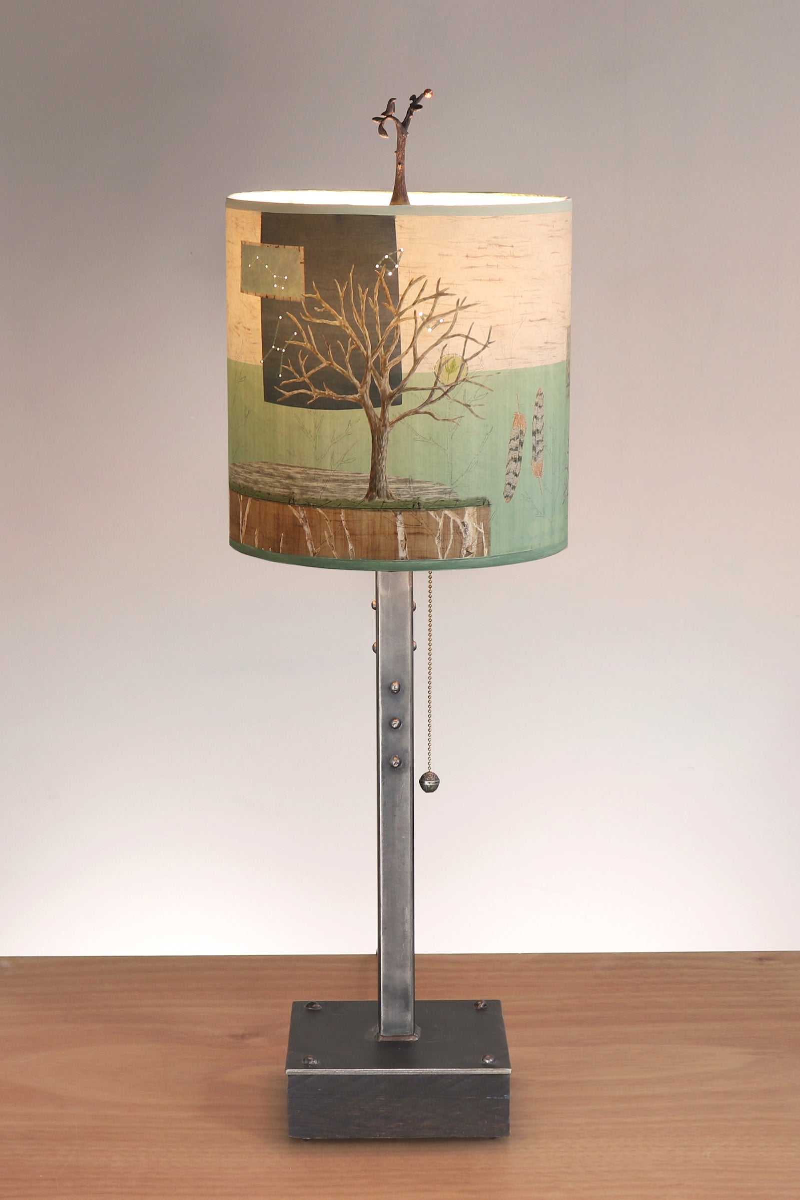 Janna Ugone & Co Table Lamps Steel Table Lamp on Wood with Medium Drum Shade in Wander in Field