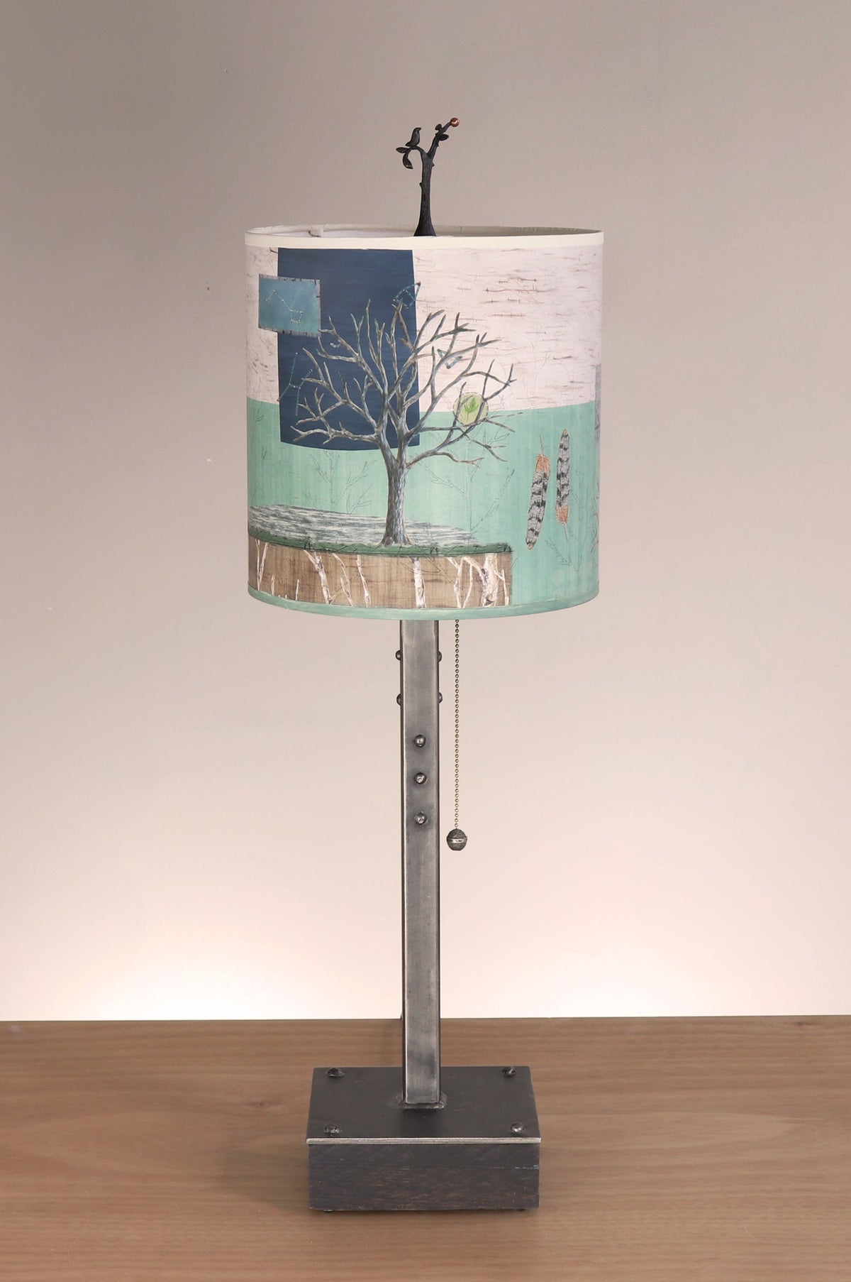 Janna Ugone &amp; Co Table Lamps Steel Table Lamp on Wood with Medium Drum Shade in Wander in Field