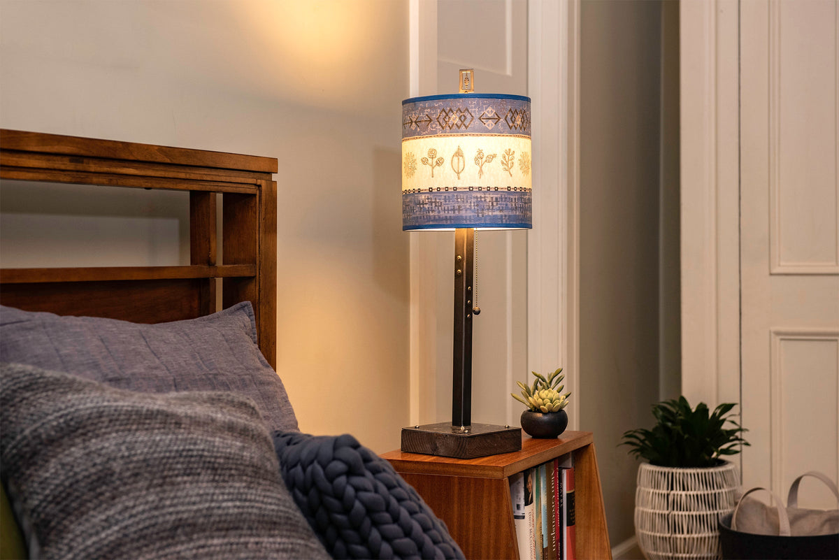 Steel Table Lamp on Wood with Medium Drum Shade in Woven &amp; Sprig in Sapphire