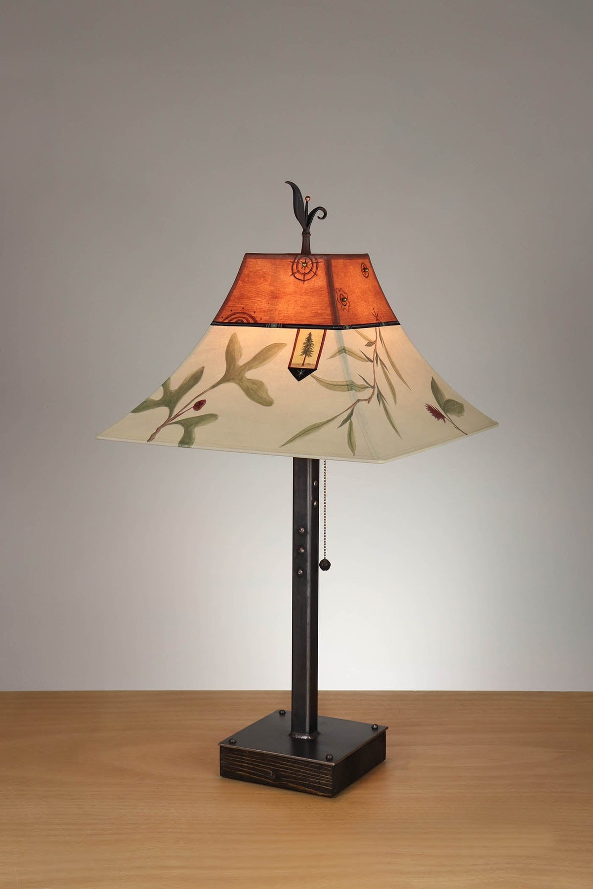 Janna Ugone &amp; Co Table Lamp Steel Table Lamp on Wood with Medium Pagoda Shade in Sundance Mixed Leaves Rust