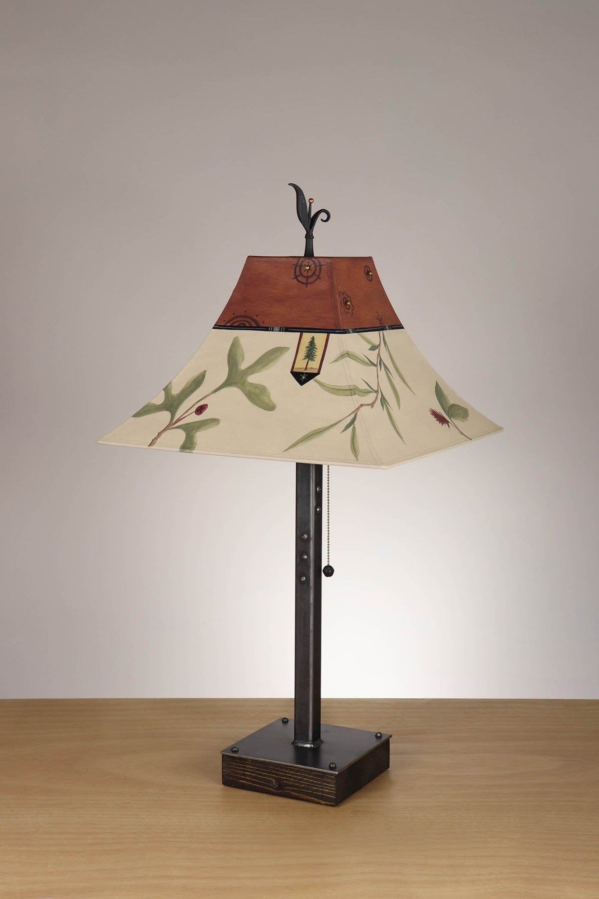 Janna Ugone &amp; Co Table Lamp Steel Table Lamp on Wood with Medium Pagoda Shade in Sundance Mixed Leaves Rust