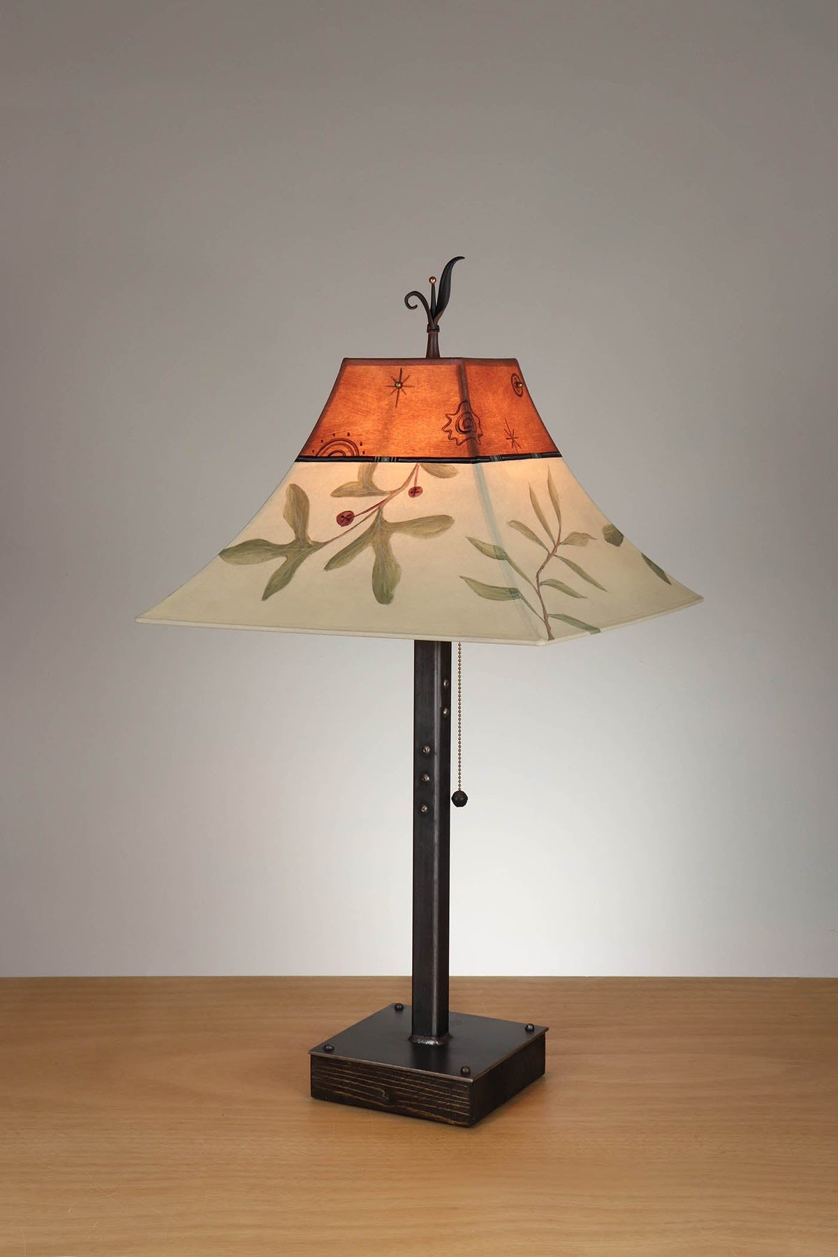 Janna Ugone &amp; Co Table Lamp Steel Table Lamp on Wood with Medium Pagoda Shade in Sundance Mixed Leaves Rust