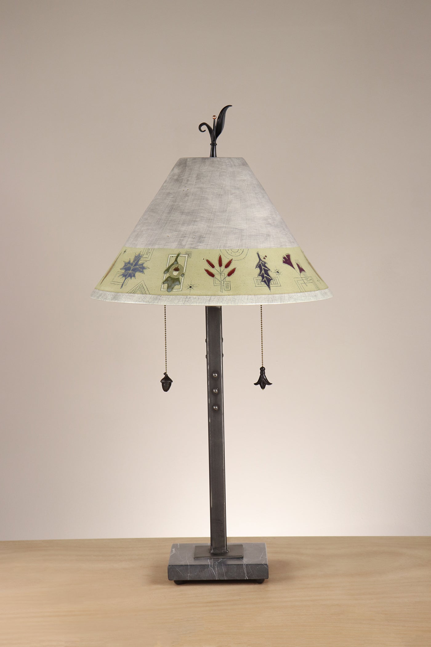 Janna Ugone & Co Floor Lamp Steel Table Lamp with Large Conical Ceramic Shade in Leaf Border in Ash