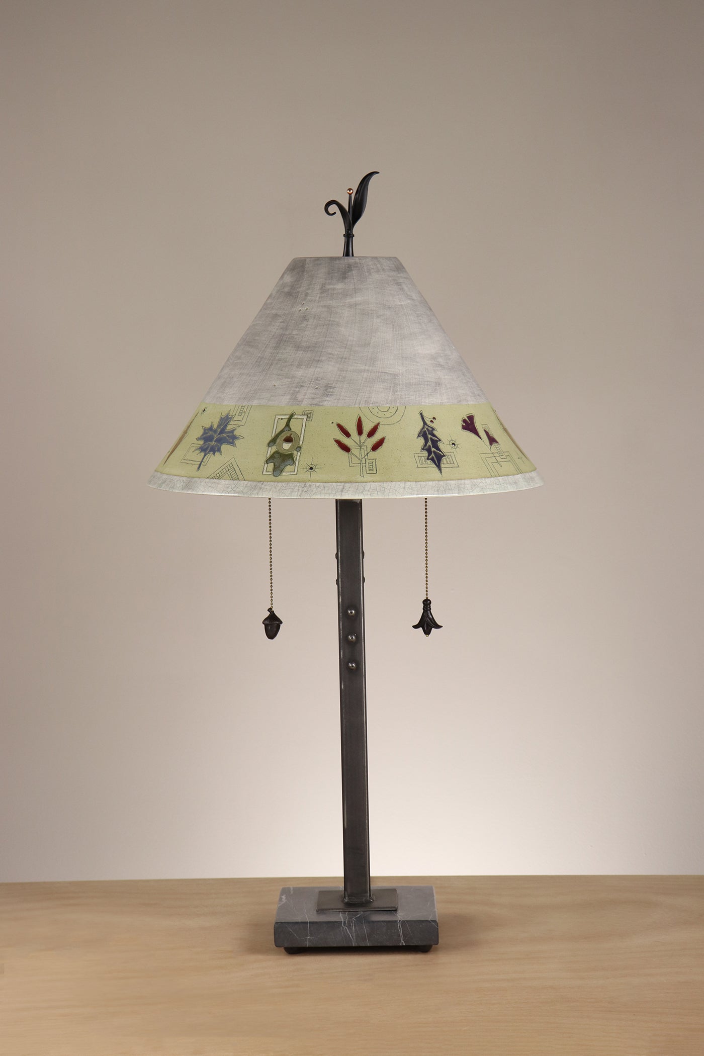 Janna Ugone & Co Floor Lamp Steel Table Lamp with Large Conical Ceramic Shade in Leaf Border in Ash