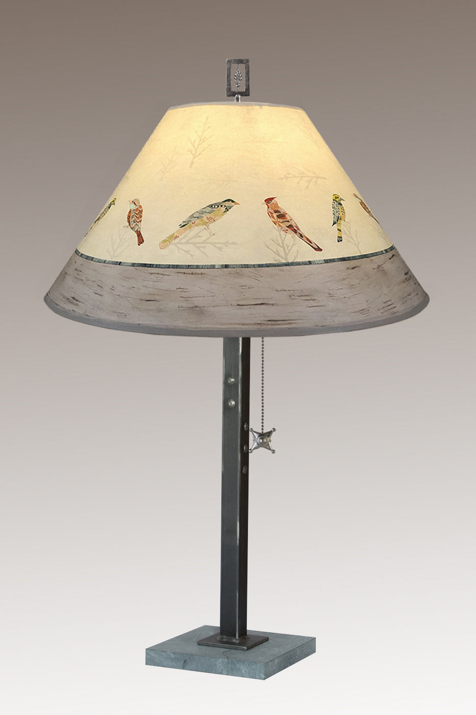 Steel Table Lamp with Large Conical Shade in Bird Friends
