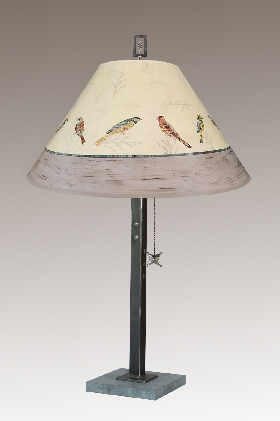 Steel Table Lamp with Large Conical Shade in Bird Friends