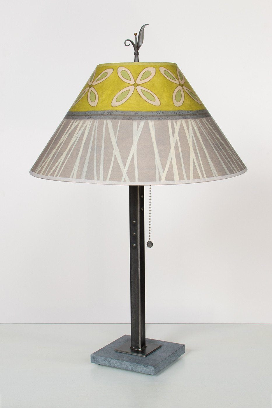Steel Table Lamp on Italian Marble with Large Conical Shade in Kiwi