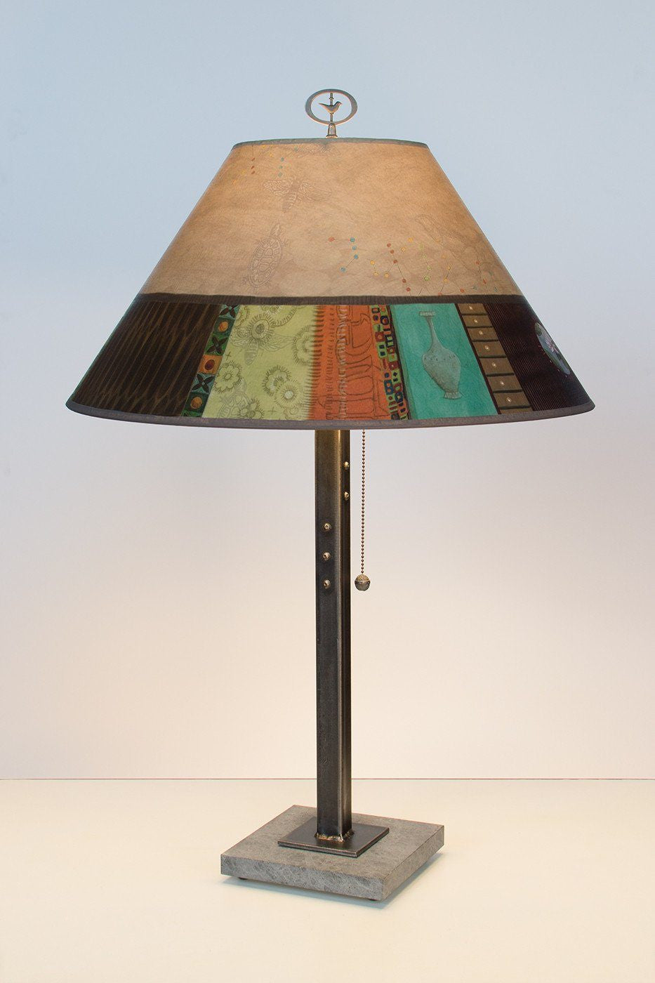 Steel Table Lamp on Italian Marble with Large Conical Shade in Linen Match