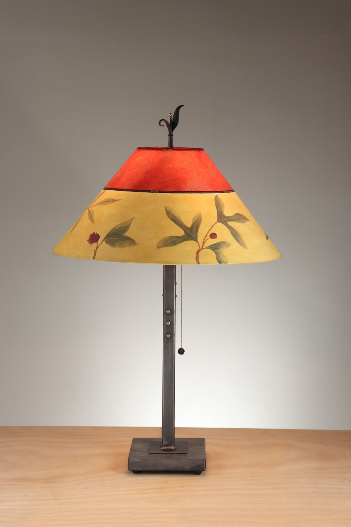 Janna Ugone &amp; Co Table Lamp Steel Table Lamp with Large Conical Shade in Mixed Leaf in Poppy