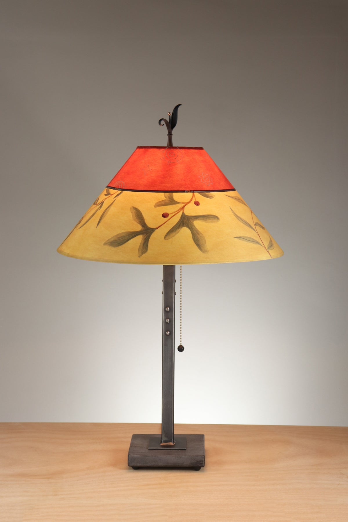 Janna Ugone &amp; Co Table Lamp Steel Table Lamp with Large Conical Shade in Mixed Leaf in Poppy