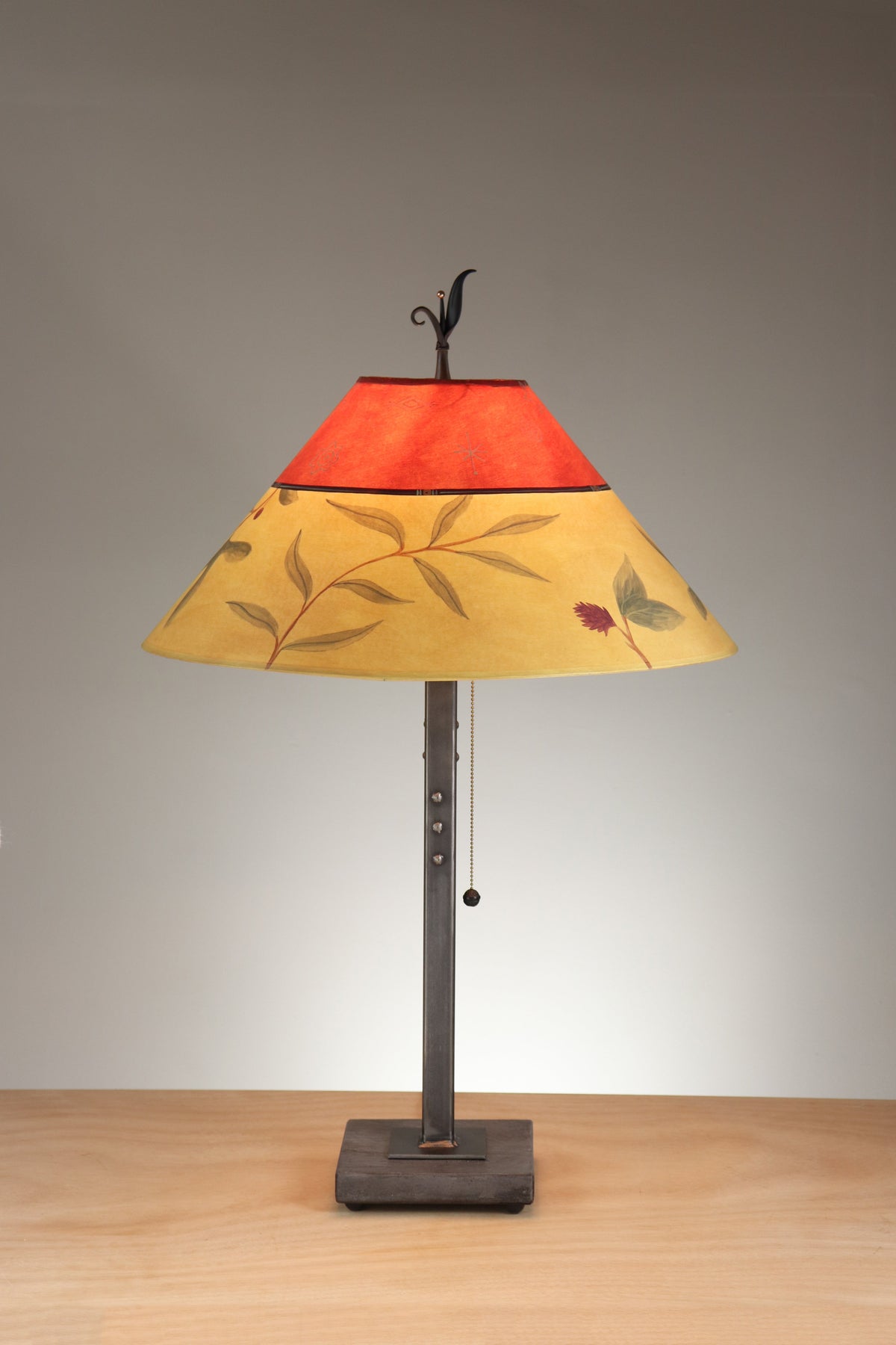 Janna Ugone &amp; Co Table Lamp Steel Table Lamp with Large Conical Shade in Mixed Leaf in Poppy