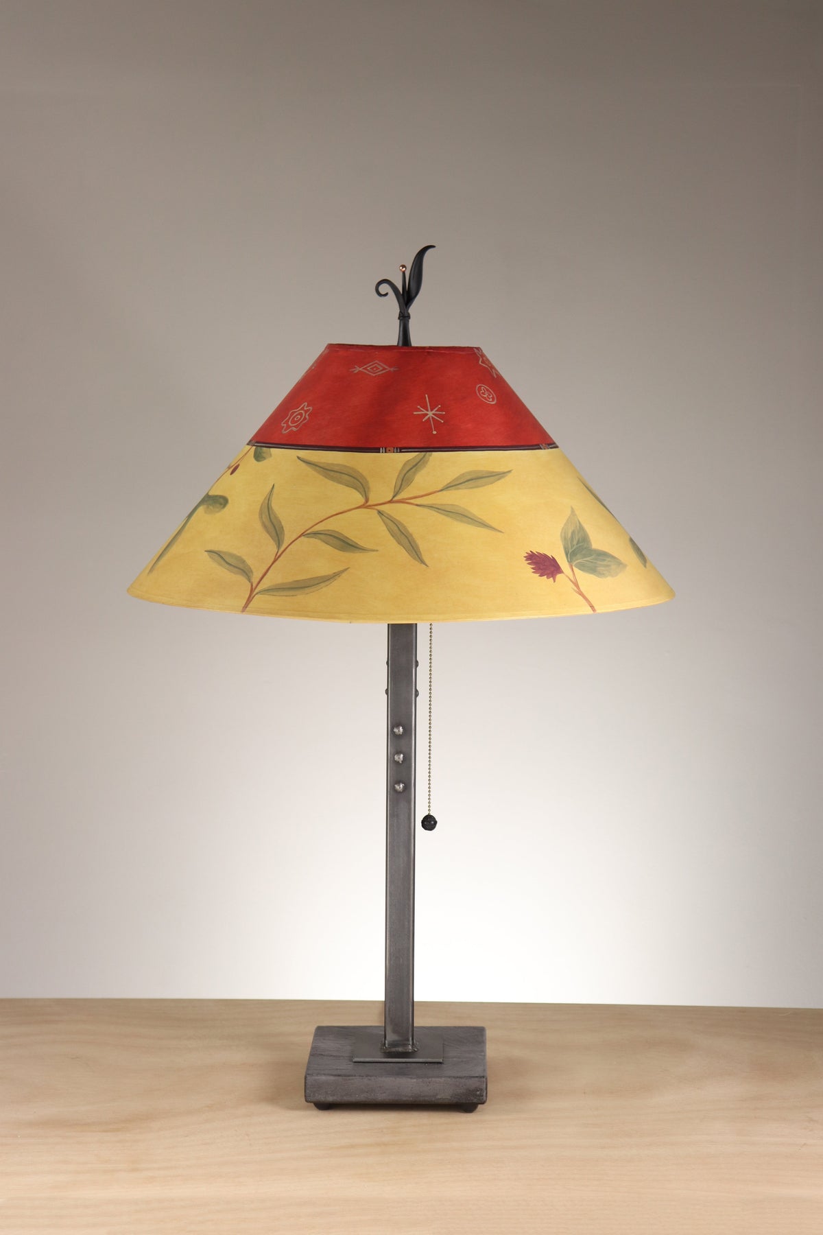 Janna Ugone &amp; Co Table Lamp Steel Table Lamp with Large Conical Shade in Mixed Leaf in Poppy