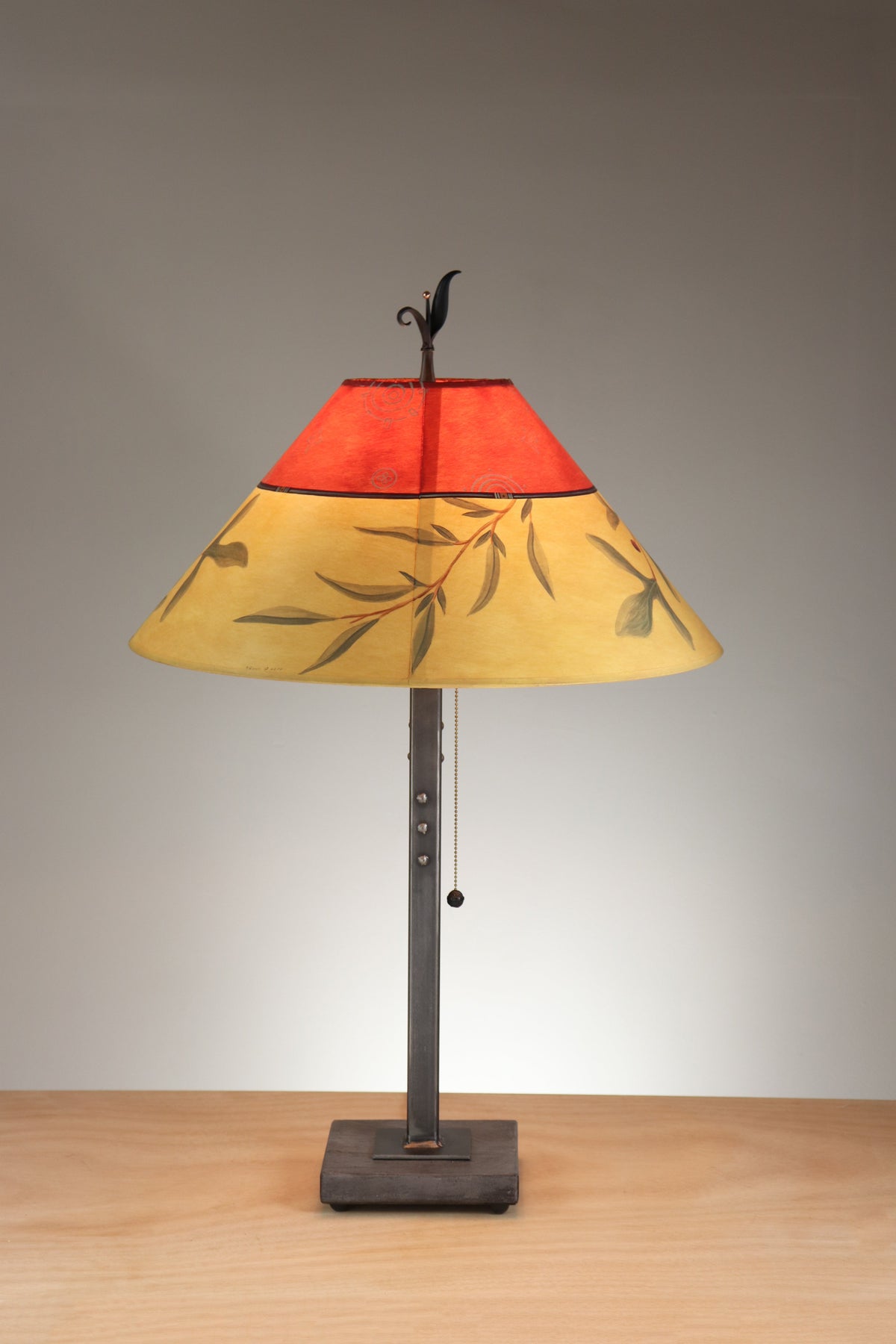 Janna Ugone &amp; Co Table Lamp Steel Table Lamp with Large Conical Shade in Mixed Leaf in Poppy