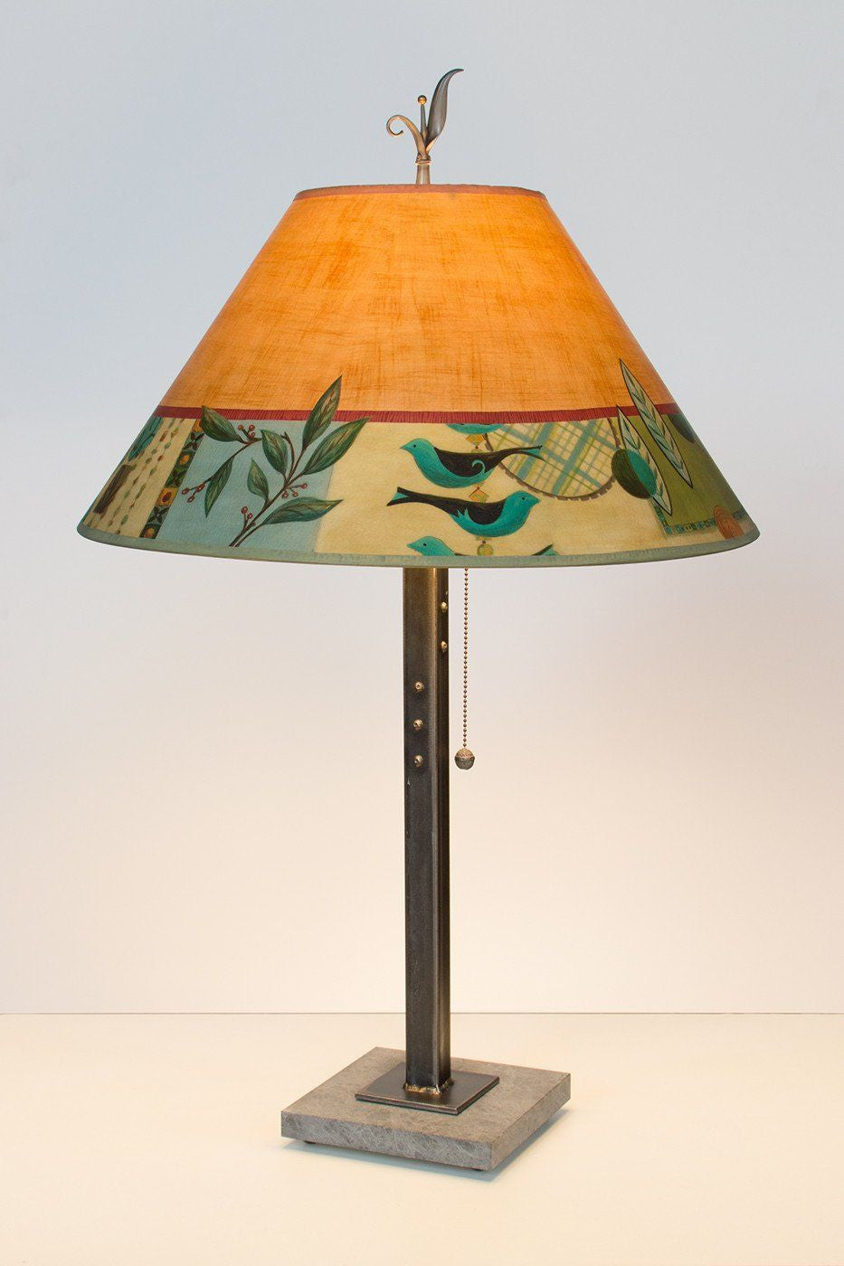 Steel Table Lamp on Italian Marble with Large Conical Shade in Spring Medley Spice