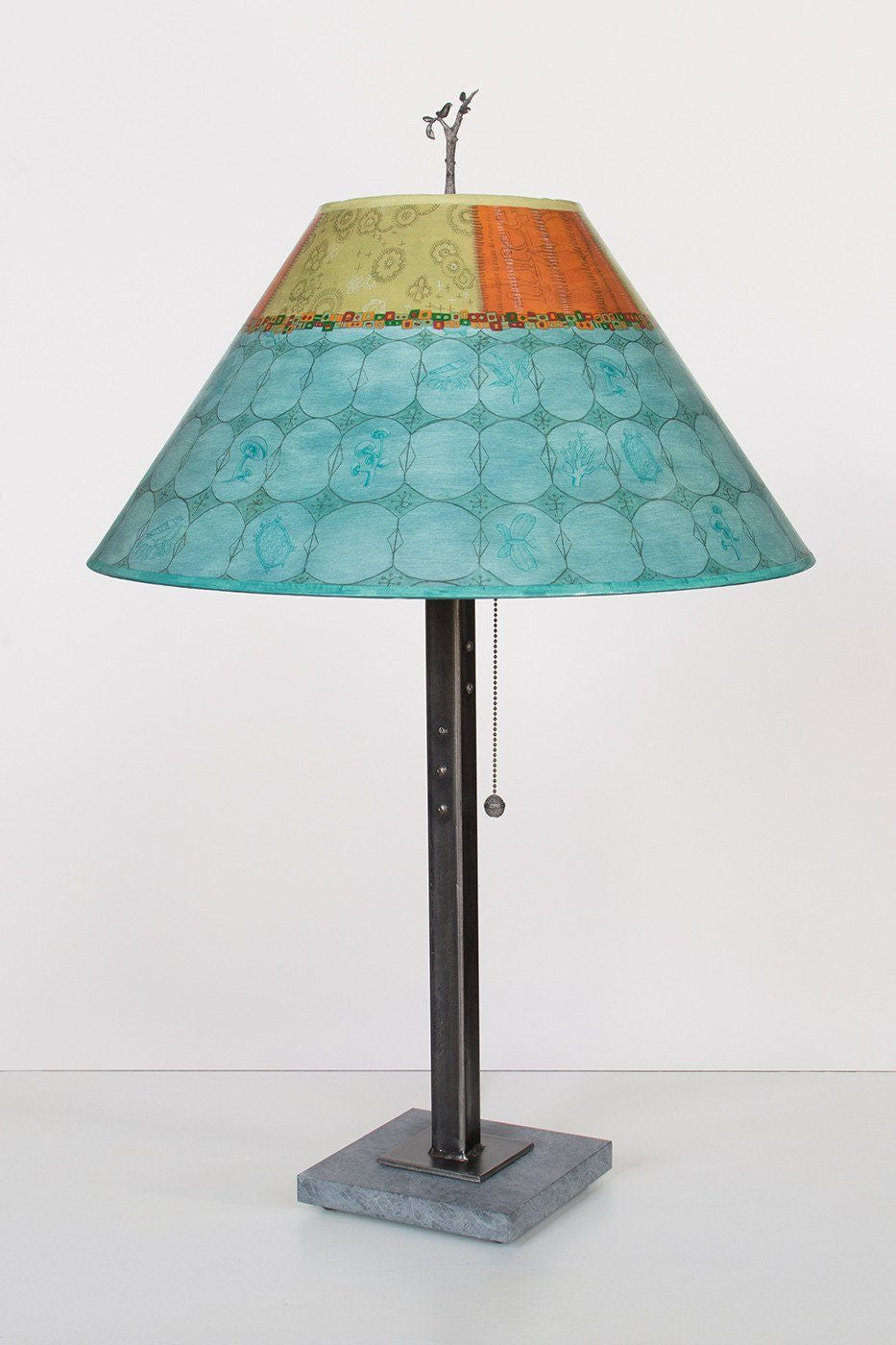 Steel Table Lamp on Italian Marble with Large Conical Shade in Paradise Pool