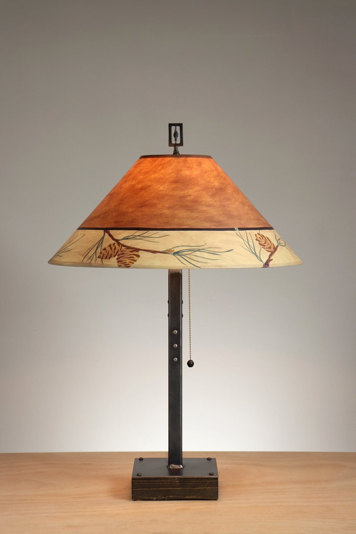 Janna Ugone &amp; Co Table Lamp Steel Table Lamp with Large Conical Shade in Pine Cone Border