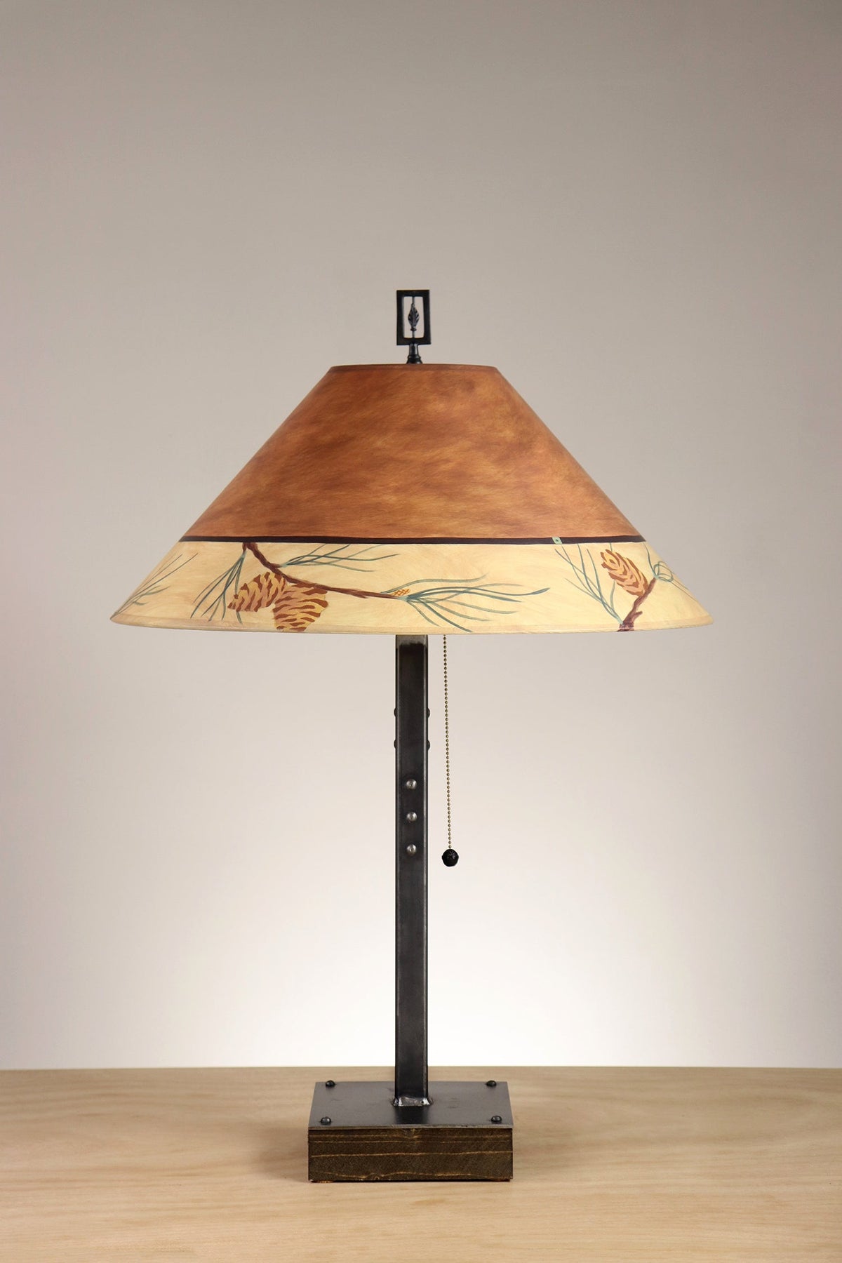 Janna Ugone &amp; Co Table Lamp Steel Table Lamp with Large Conical Shade in Pine Cone Border