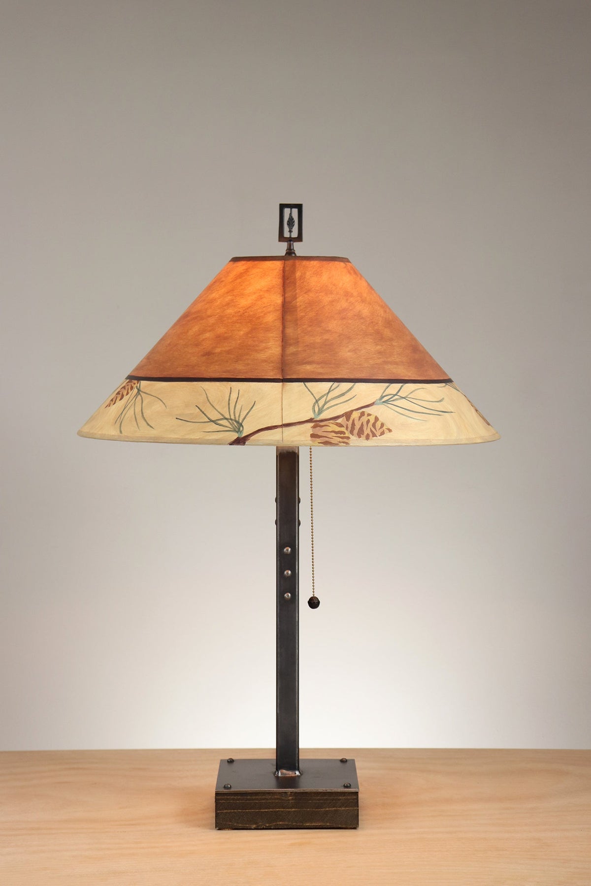 Janna Ugone &amp; Co Table Lamp Steel Table Lamp with Large Conical Shade in Pine Cone Border