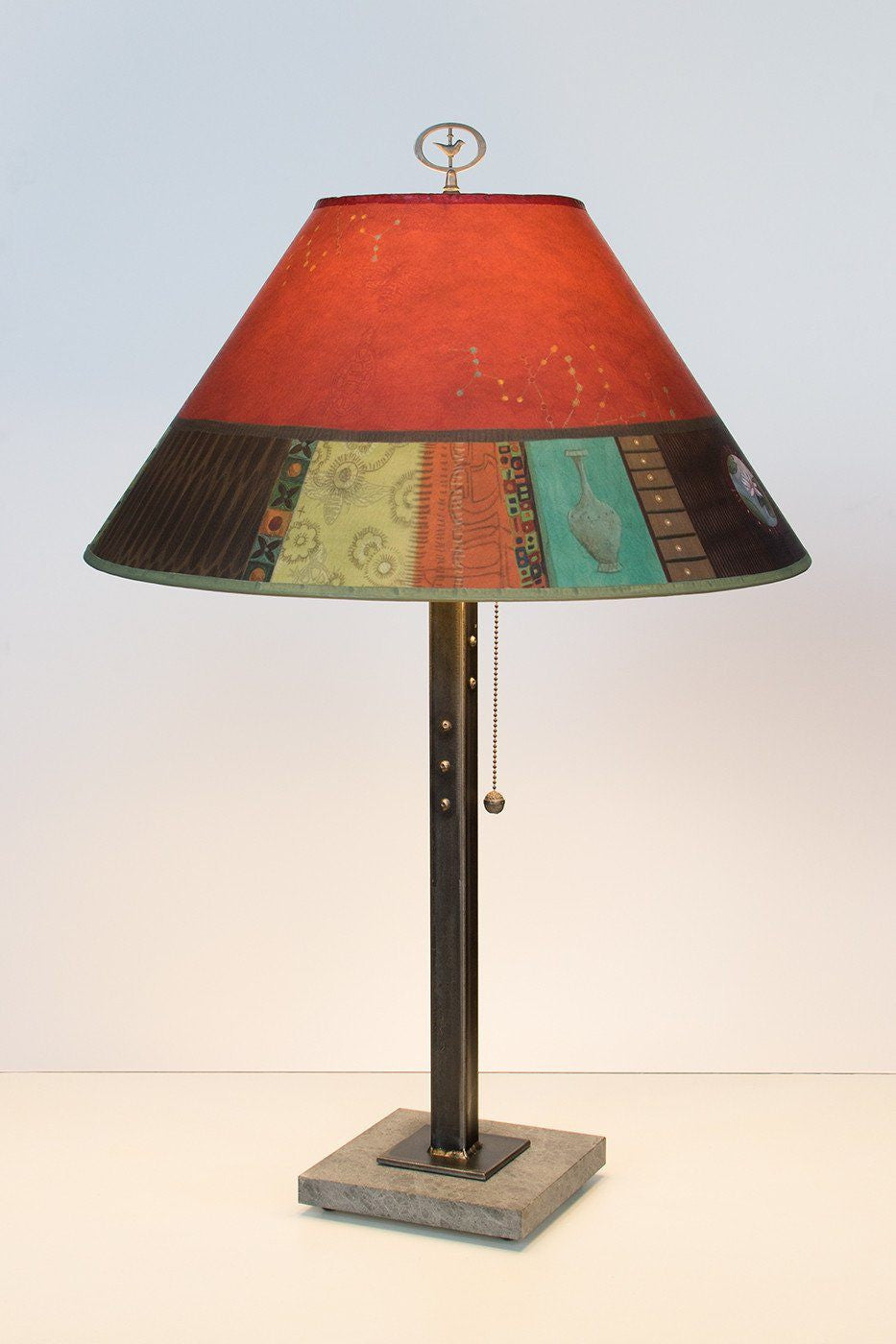 Steel Table Lamp on Italian Marble with Large Conical Shade in Red Match