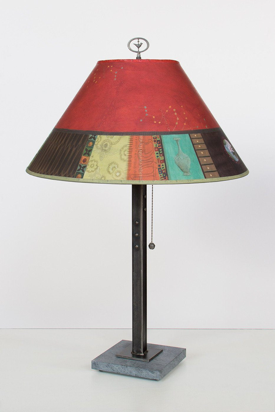 Steel Table Lamp on Italian Marble with Large Conical Shade in Red Match
