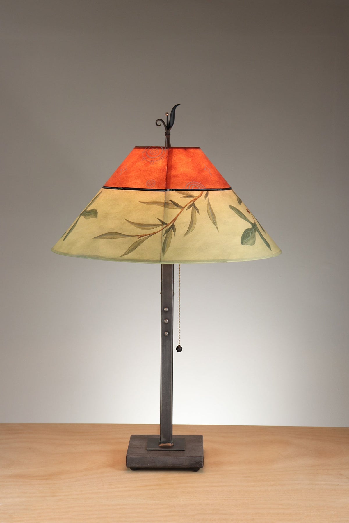 Janna Ugone &amp; Co Table Lamp Steel Table Lamp with Large Conical Shade in Sundance Mixed Leaf in Crimson