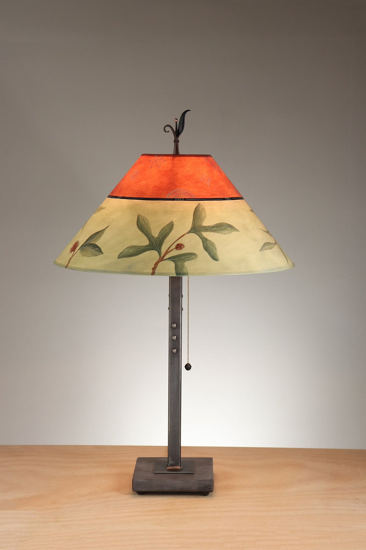 Janna Ugone &amp; Co Table Lamp Steel Table Lamp with Large Conical Shade in Sundance Mixed Leaf in Crimson