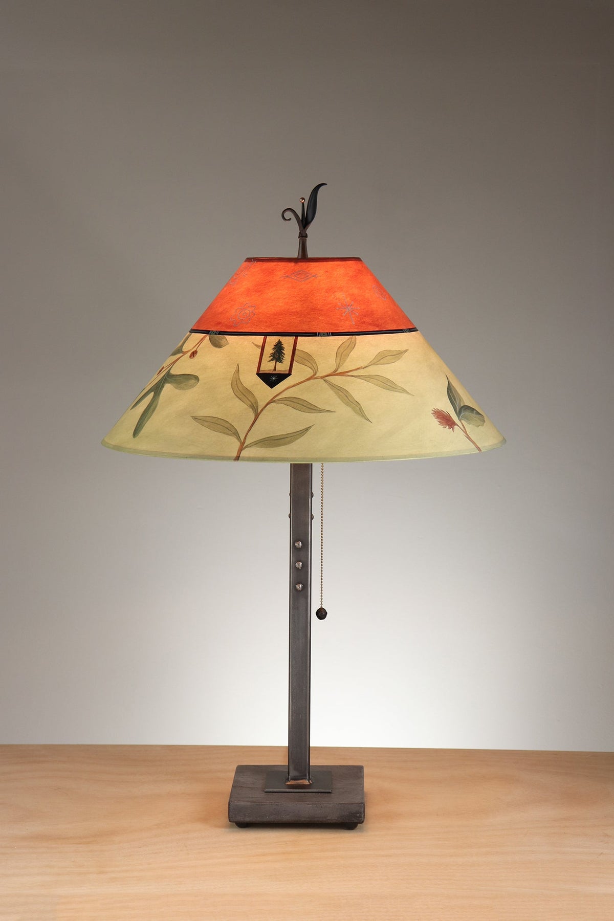 Janna Ugone &amp; Co Table Lamp Steel Table Lamp with Large Conical Shade in Sundance Mixed Leaf in Crimson