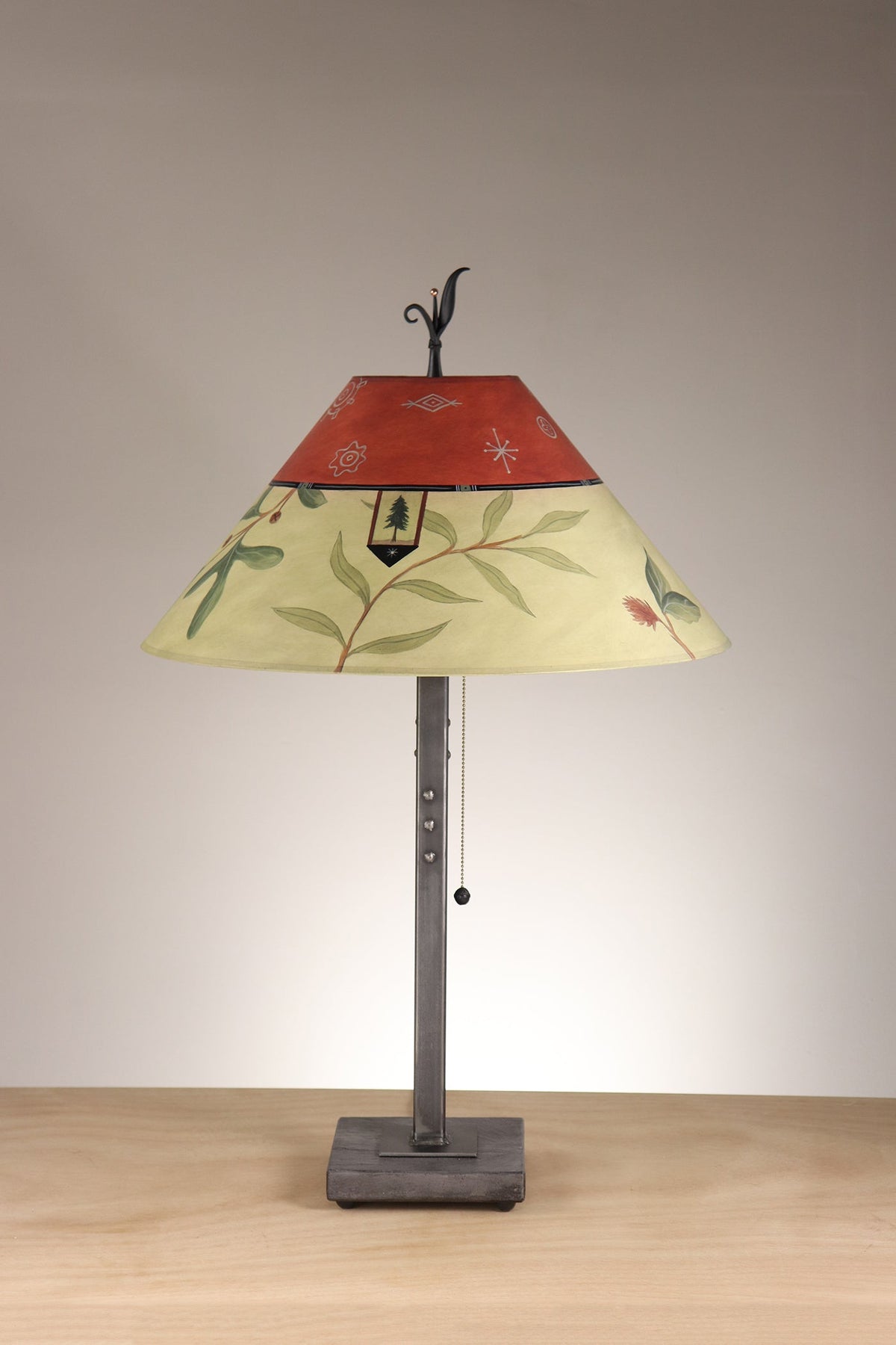 Janna Ugone &amp; Co Table Lamp Steel Table Lamp with Large Conical Shade in Sundance Mixed Leaf in Crimson