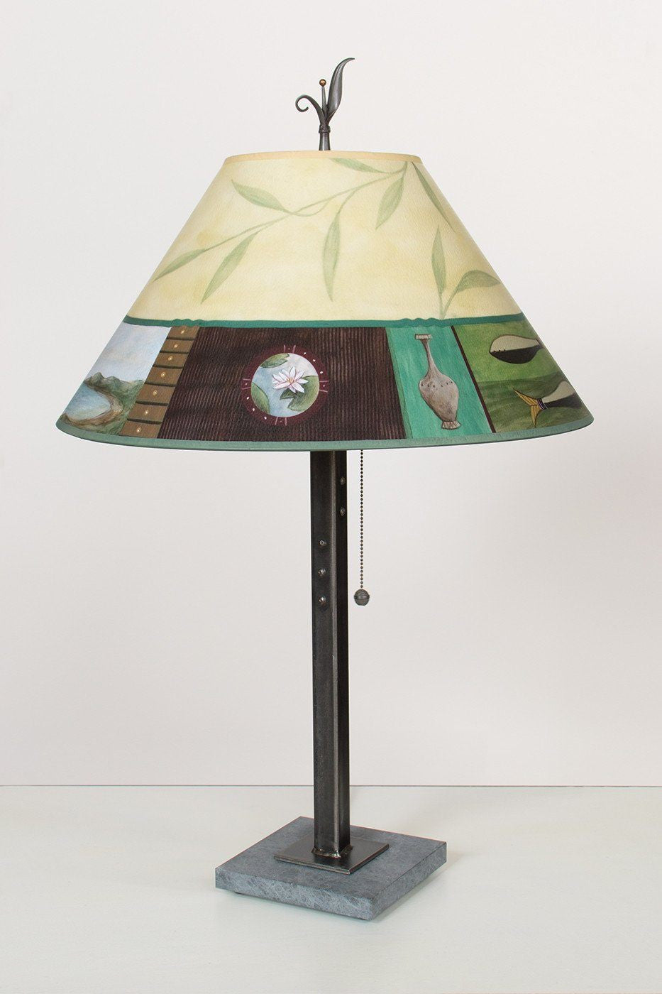 Steel Table Lamp on Italian Marble with Large Conical Shade in Twin Fish