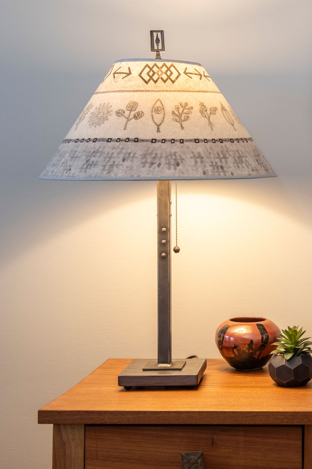 Janna Ugone &amp; Co Table Lamp Steel Table Lamp with Large Conical Shade in Woven &amp; Sprig in Mist