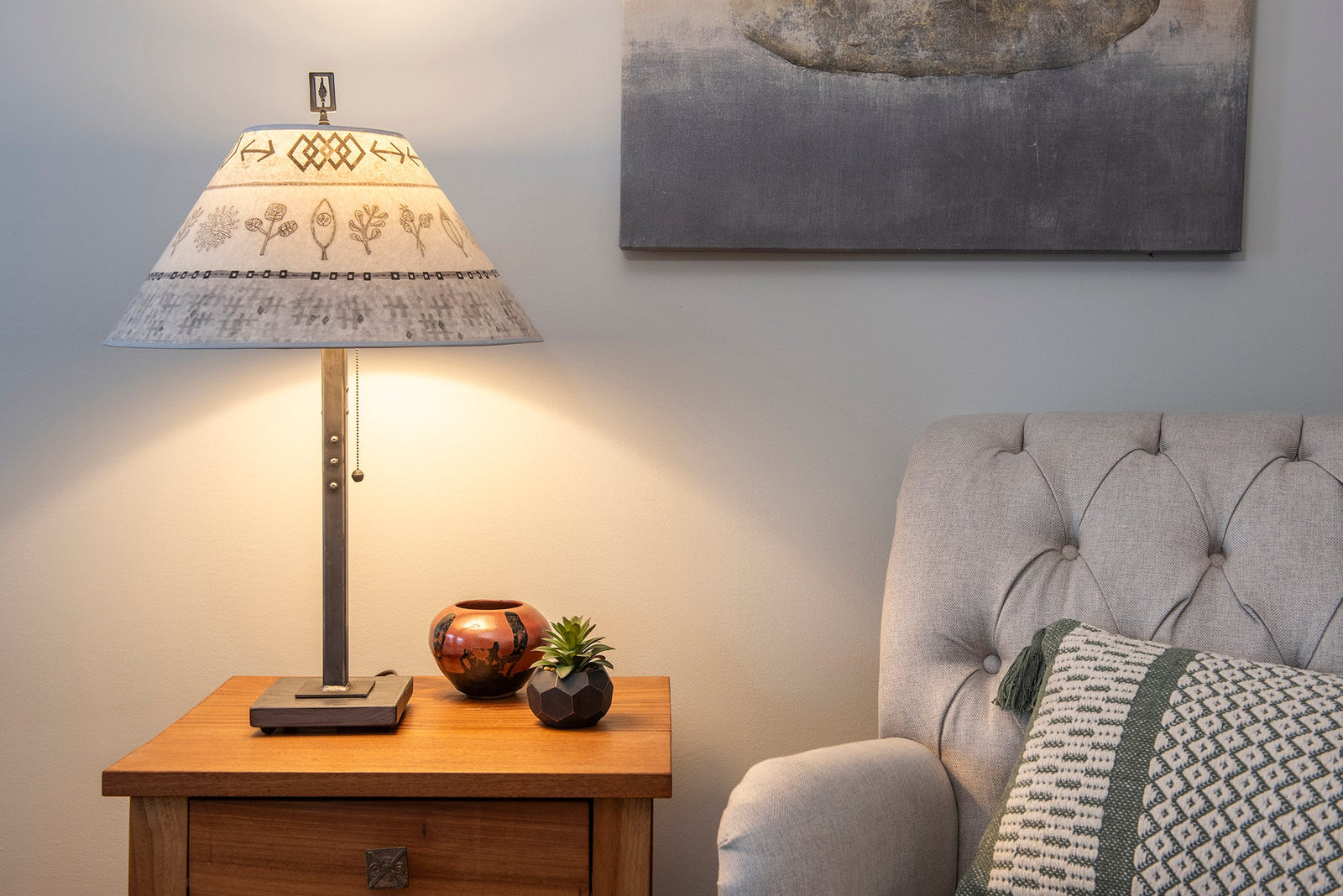 Janna Ugone & Co Table Lamp Steel Table Lamp with Large Conical Shade in Woven & Sprig in Mist