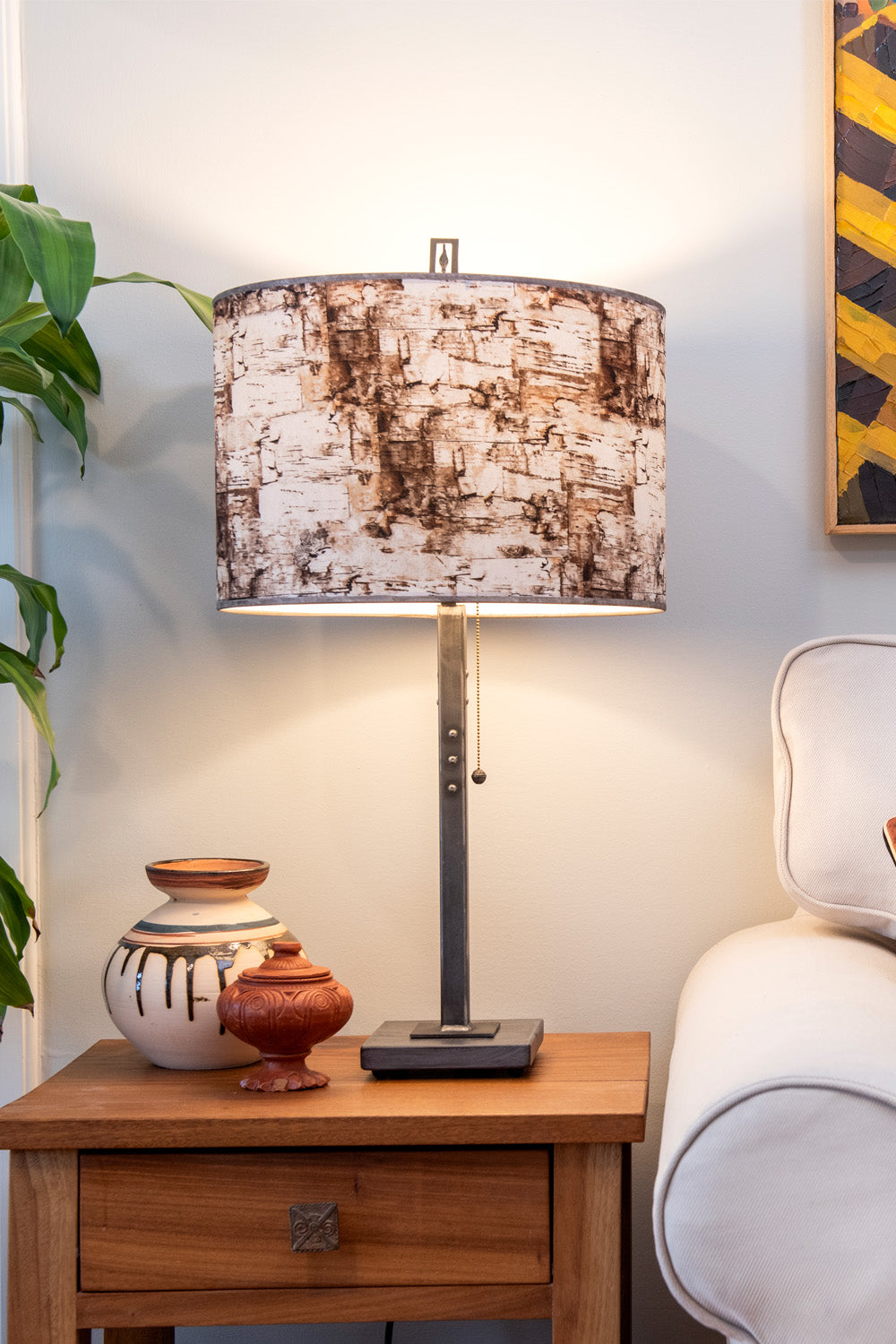 Janna Ugone &amp; Co Table Lamp Steel Table Lamp with Large Drum Shade in Birch Bark