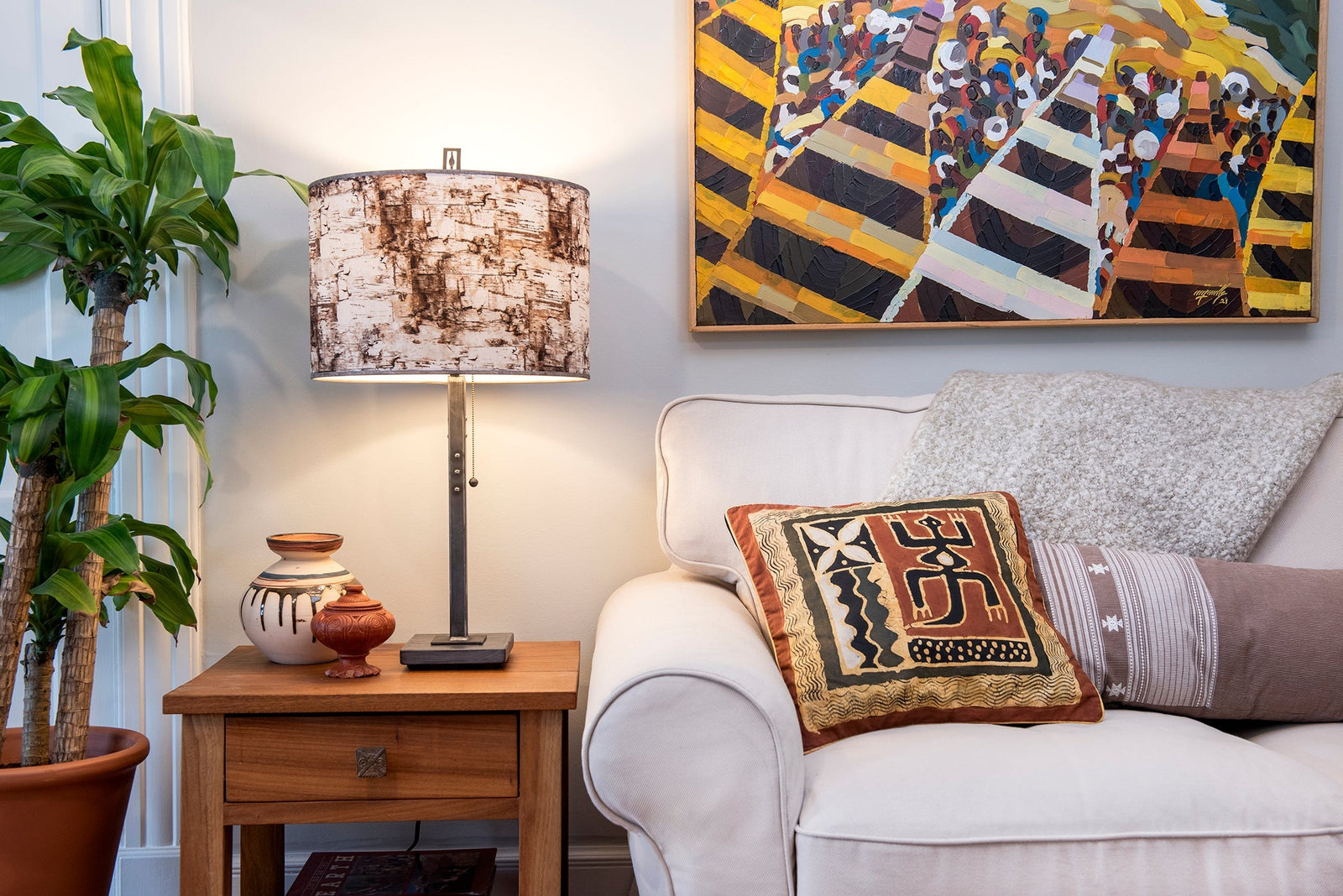 Janna Ugone & Co Table Lamp Steel Table Lamp with Large Drum Shade in Birch Bark