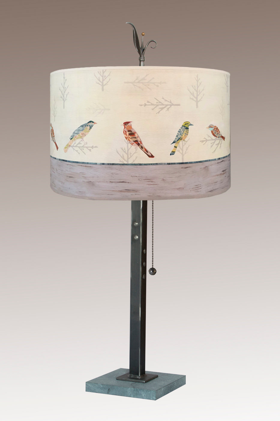 Janna Ugone &amp; Co Table Lamps Steel Table Lamp with Large Drum Shade in Bird Friends