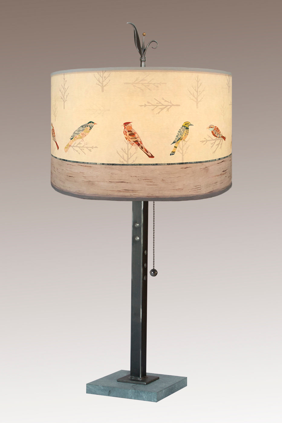 Steel Table Lamp with Large Drum Shade in Bird Friends
