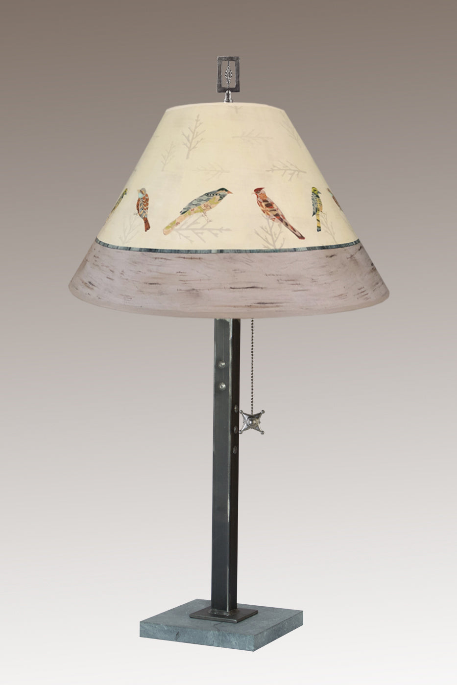 Steel Table Lamp with Medium Conical Shade in Bird Friends