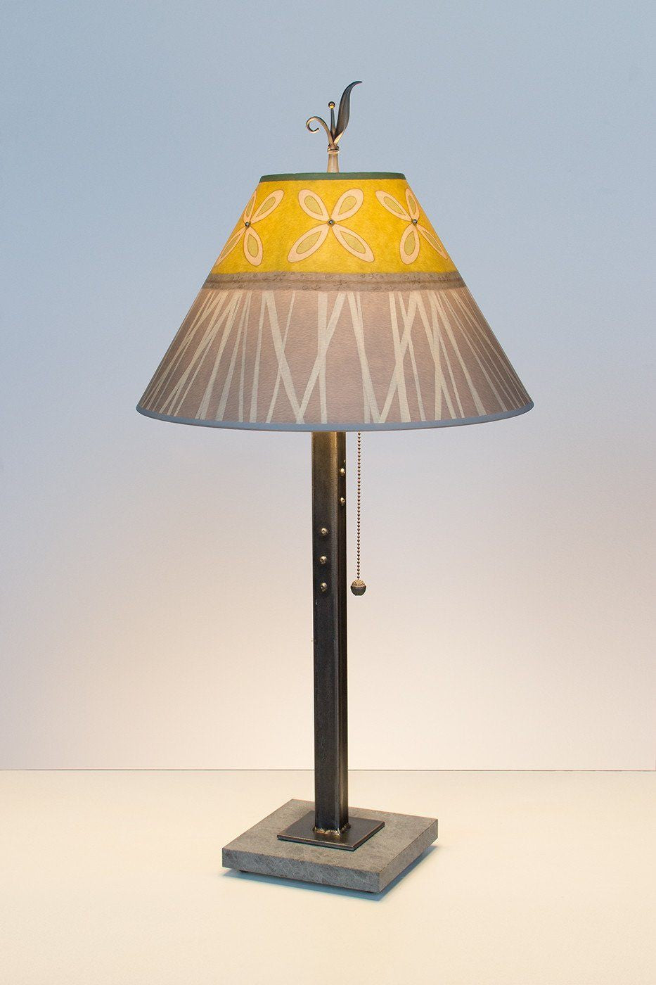 Steel Table Lamp on Marble with Medium Conical Shade in Kiwi - Lit
