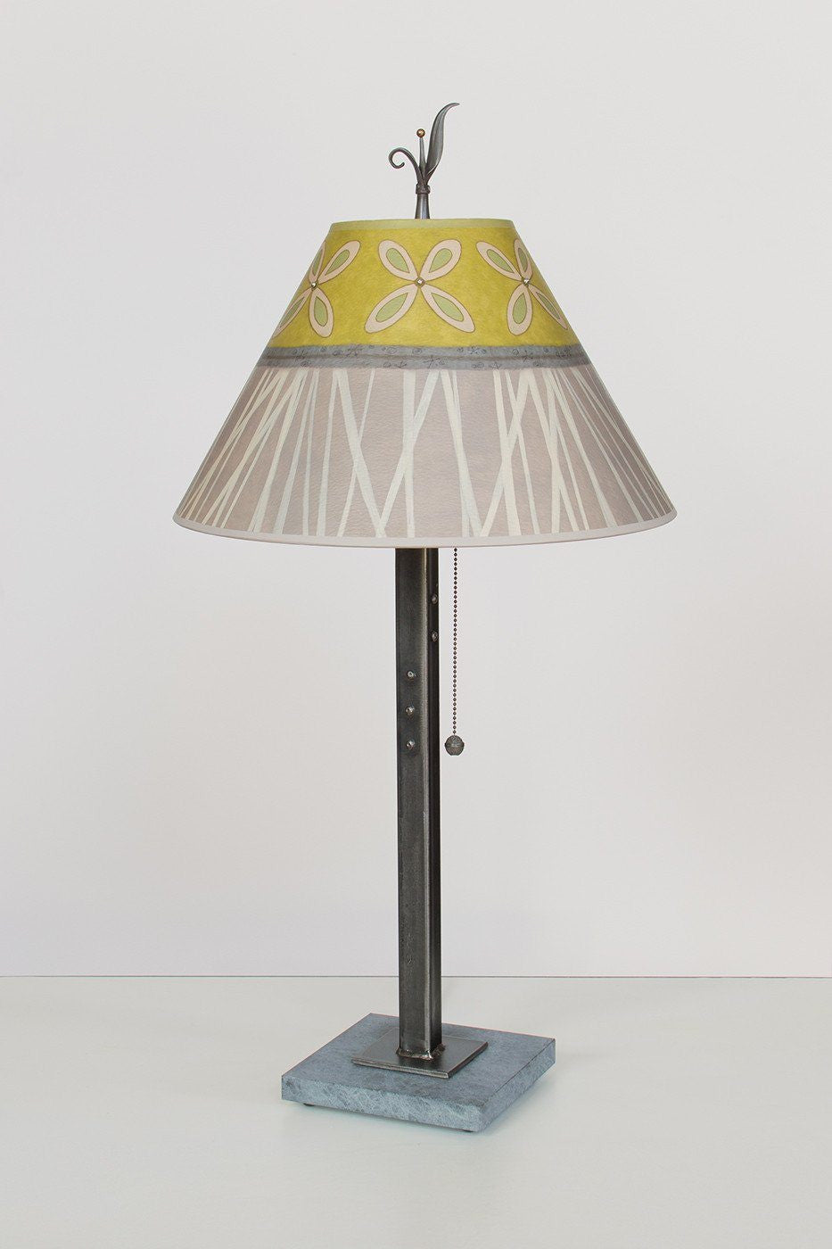 Steel Table Lamp on Marble with Medium Conical Shade in Kiwi