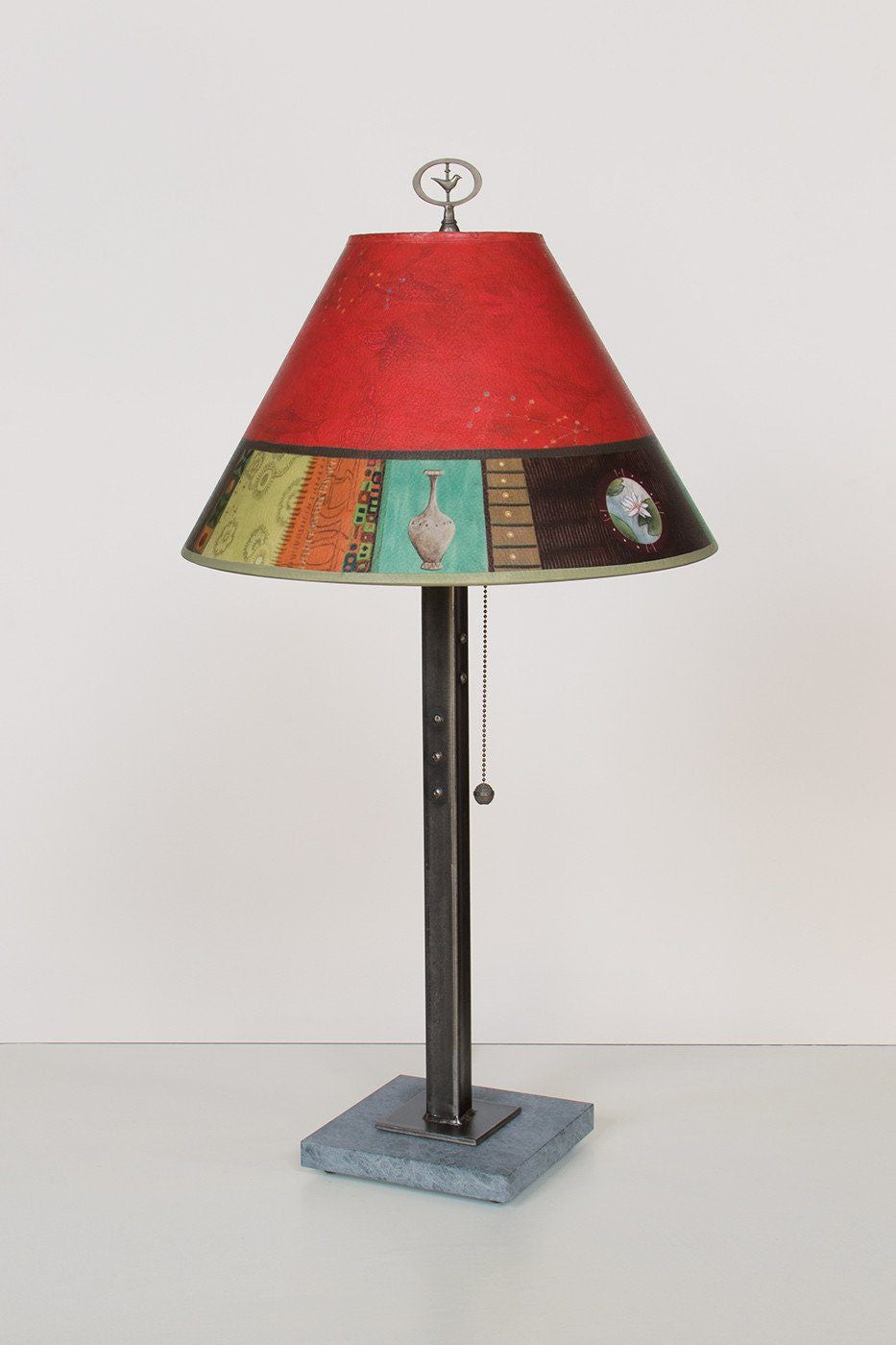 Steel Table Lamp on Marble with Medium Conical Shade in Red Match Lit