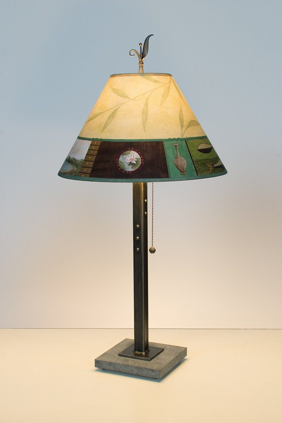Steel Table Lamp on Marble with Medium Conical Shade in Twin Fish - Lit