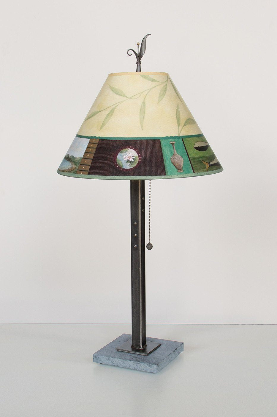Steel Table Lamp on Marble with Medium Conical Shade in Twin Fish - Lit