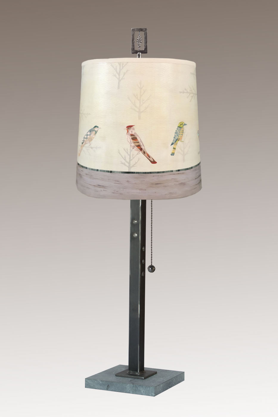 Steel Table Lamp with Medium Drum Shade in Bird Friends