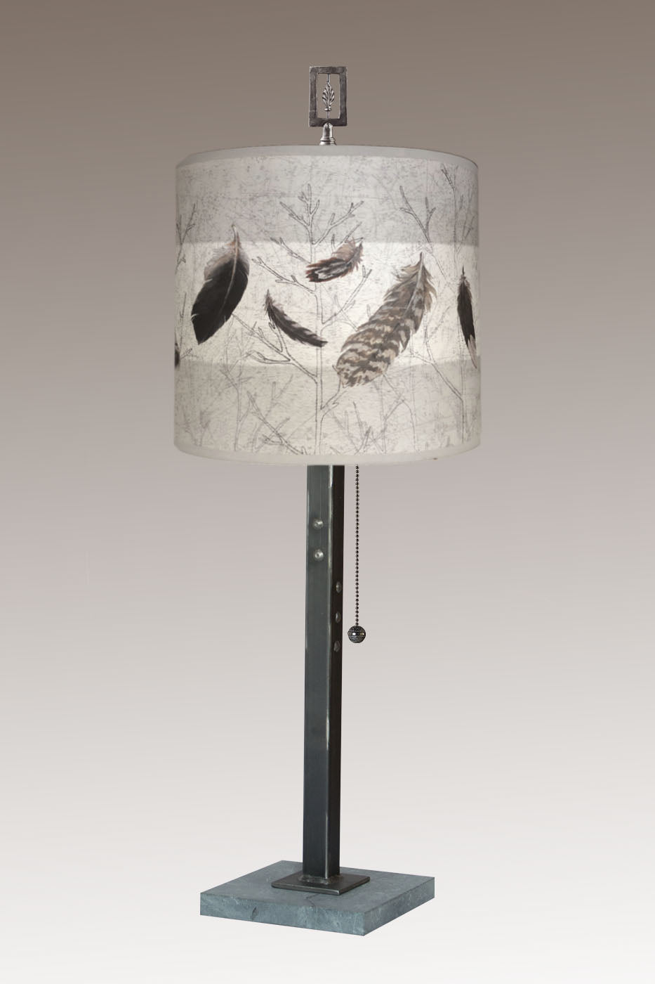 Janna Ugone &amp; Co Table Lamps Steel Table Lamp with Medium Drum Shade in Feathers in Pebble