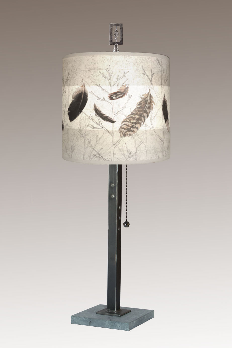 Janna Ugone &amp; Co Table Lamps Steel Table Lamp with Medium Drum Shade in Feathers in Pebble