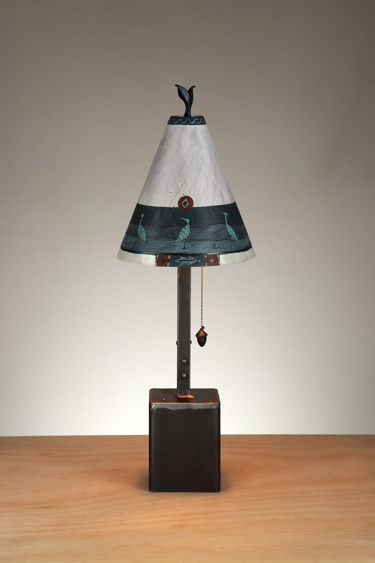 Janna Ugone &amp; Co Table Lamp Steel Table Lamp with Small Conical Ceramic Shade in Heron Border in Ash