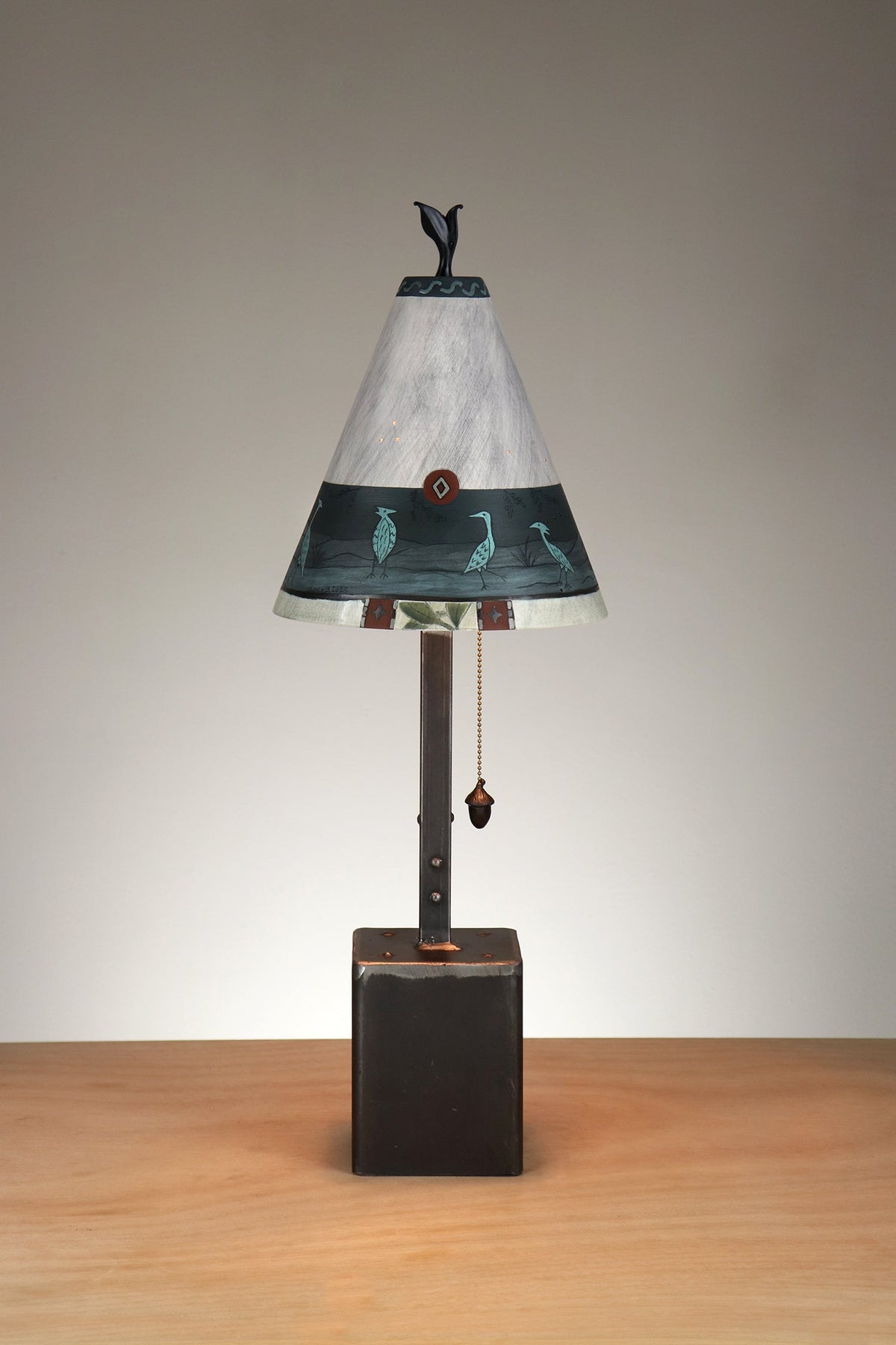 Janna Ugone &amp; Co Table Lamp Steel Table Lamp with Small Conical Ceramic Shade in Heron Border in Ash